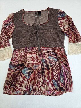 Bke Multicolor Sheer Blouse With Lace Sleeves Size M Boho